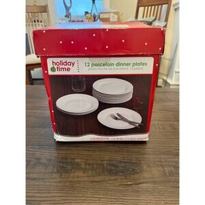 Holiday Time 12-Piece White Porcelain Dinner Plates – 9.5” -new in box